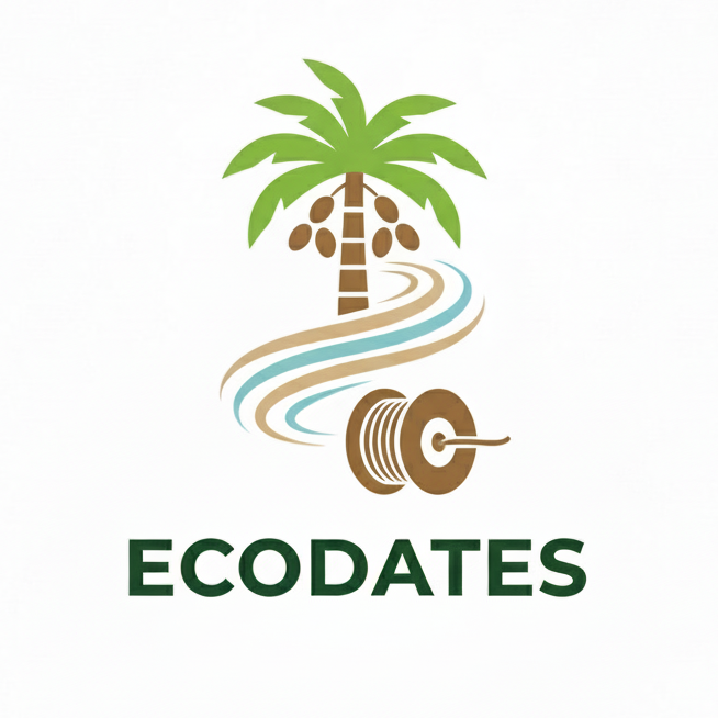 una palmera datilera de la que salen unas lineas que terminan en una bobina de filamento, junto a la parabra ecodates